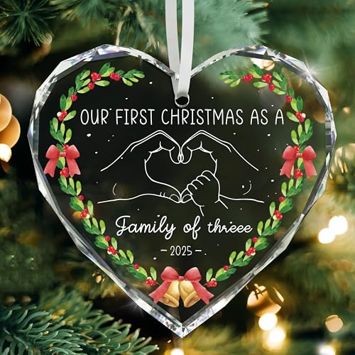 HandEasy Christmas 02 Family for Women First Christmas As A Family of Three Ornament - 3.1in Heart Keepsake