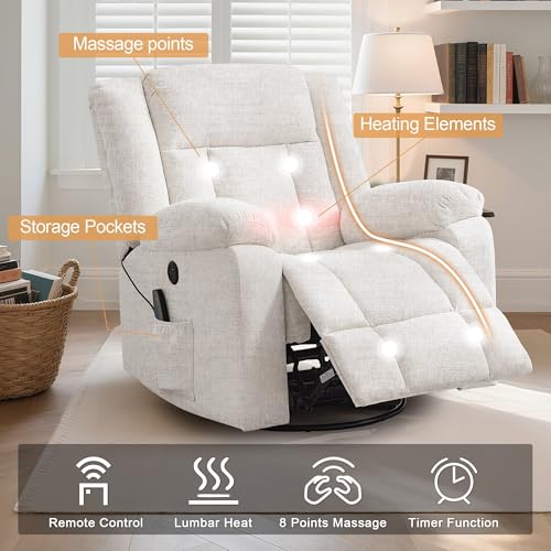 Swivel Rocker Recliner Chair with Massage, Heating, and USB Charging