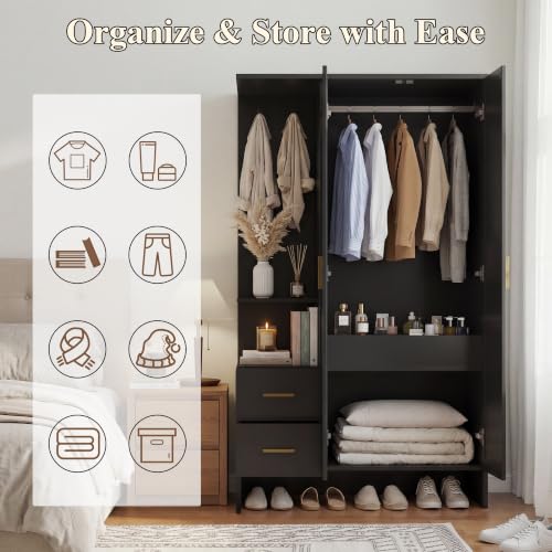 Modern Freestanding Wardrobe Closet with 2 Doors, 2 Drawers & Open Shelves
