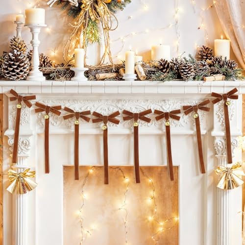 Christmas Velvet Bow Garland with Bells – Pre-Strung 8 Bows Mantel Staircase Decor