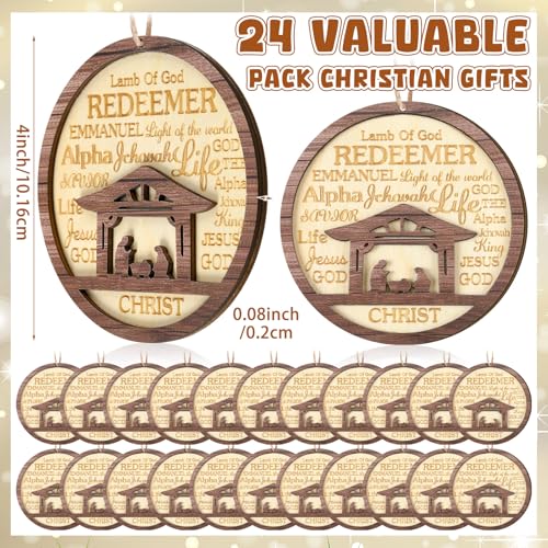 Wooden Nativity Scene Christmas Tree Ornaments Set - 24 Pack, 4 Inch