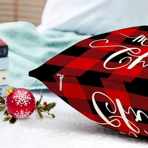 Jbralid Christmas Pillow Cover 12x20 Inch Red Black Buffalo Plaid Farmhouse Decor, Pack of 1, Merry Christmas