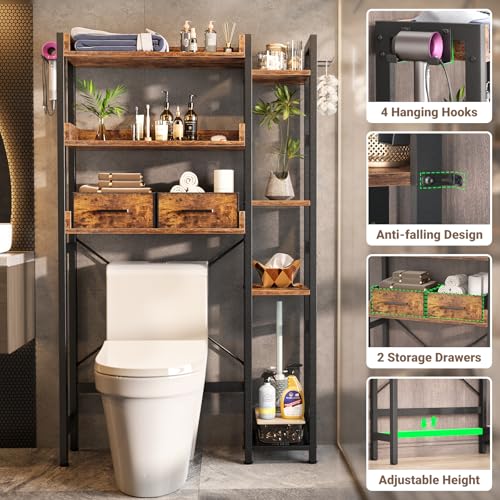 7-Tier Over The Toilet Storage Organizer with Drawers, Rustic Brown