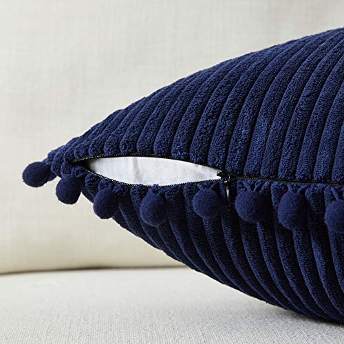 Boho Corduroy Lumbar Throw Pillow Covers with Pom-Poms, 12x20 Inch, Set of 2