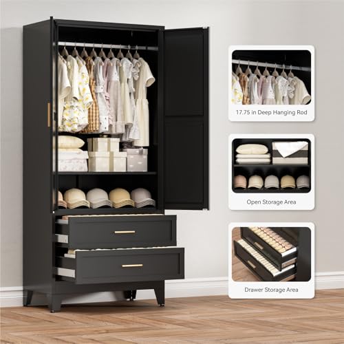 71-Inch Metal Wardrobe Closet with Drawers, Hanging Rod, and Adjustable Shelf