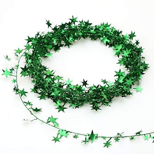 50ft Green Star Tinsel Garland with Wire - Christmas Star Decorations, 2 Pack