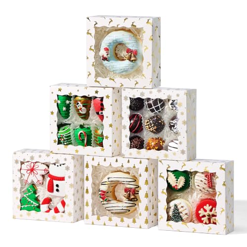 NEKSUNBAK 5x5x2 Inch Christmas Treat Boxes (24 Pack), White Cardboard with Window