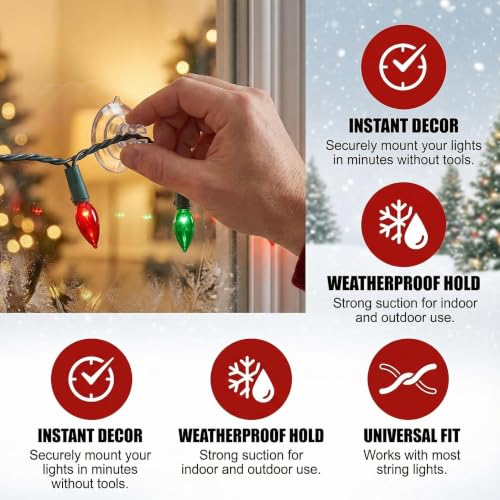 50 Pack Christmas Light Suction Cups - 1.2''/30mm Holiday Hooks for Hanging String Lights