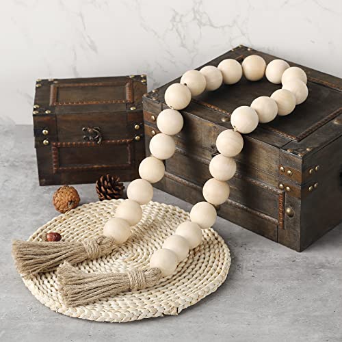 50-Inch Large Wood Bead Garland with Tassels - Farmhouse Boho Decor