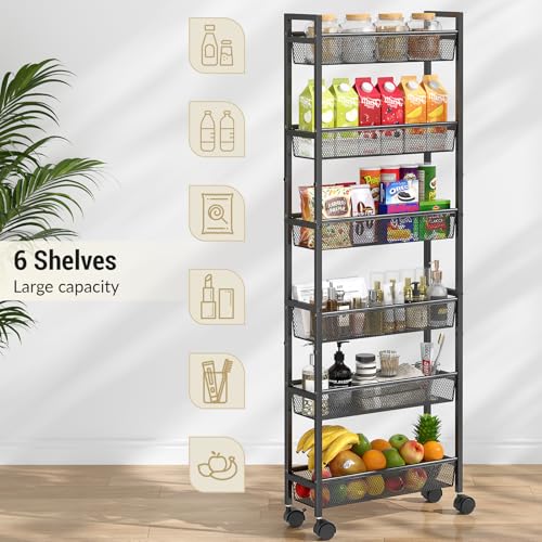 6-Tier Slim Rolling Storage Cart - Narrow Metal Mobile Shelving Unit