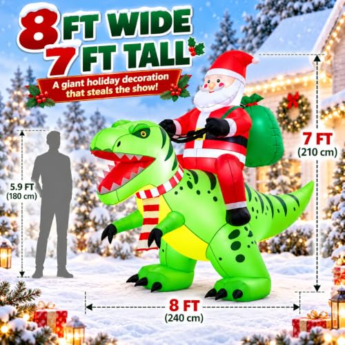 Candieslife Santa & Dinosaur Inflatable - 8ft Christmas Yard Decor with LED Lights