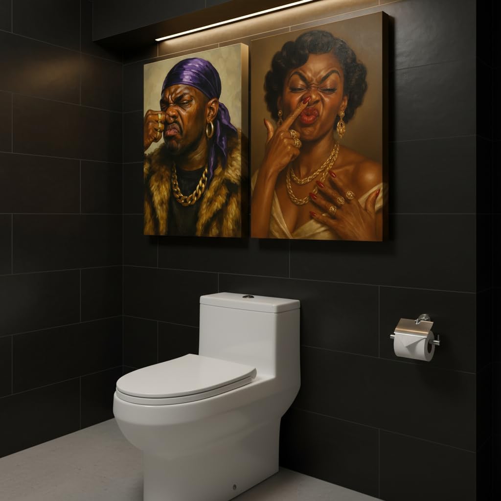 TEOVGKN Funny African American Bathroom Wall Art - Humorous Black Couple Canvas Prints | Framed 12x16 in
