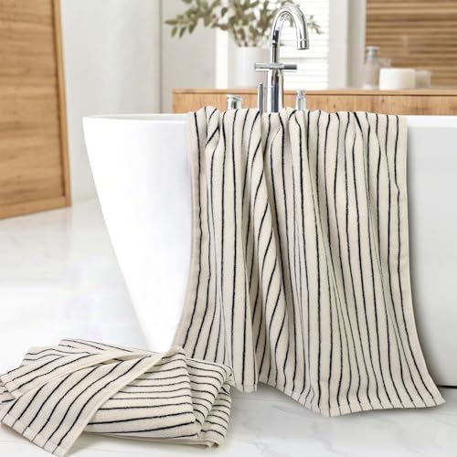 Black and Ivory Striped Bath Towels, Quick Dry Cotton Set of 2, 27.5x55