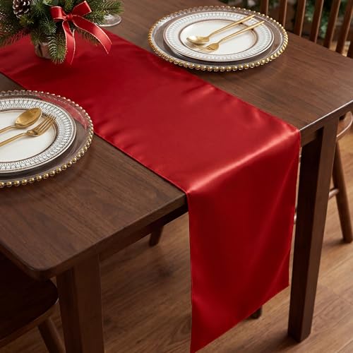 COSINIA Red Satin Table Runner, 12 x 108 Inch, 12-Pack, Reusable Seamless Design