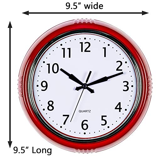 9.5-Inch Retro Wall Clock, Silent Non-Ticking Vintage Red Kitchen Clock
