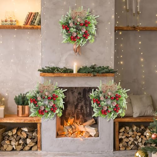 Dingion 18 Pcs Mini Christmas Wreaths for Cabinets with Pine Cones & Bows - 9in