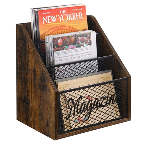 3-Tier Stepped Magazine Rack, Wood and Metal Floor Book Organizer