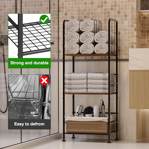 3-Tier Freestanding Bathroom Towel Rack Stand with Rustic Wood Shelf