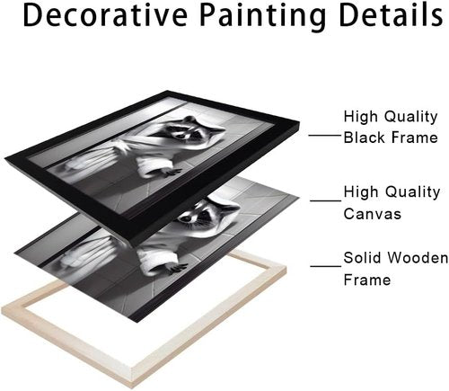 Farmhouse Bathroom Decor | Cute Raccoon Wall Art - Black and White Canvas Print for Fun Bathroom Accent