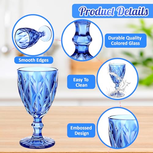 Vintage Embossed Blue Glass Goblets - 10 oz Stemmed Wine Glasses, Set of 12