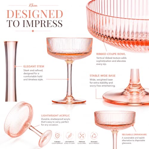 Khen Pink Peach Acrylic Ribbed Coupe Martini Glasses Set of 4, 8 oz Shatterproof European Style Drinkware