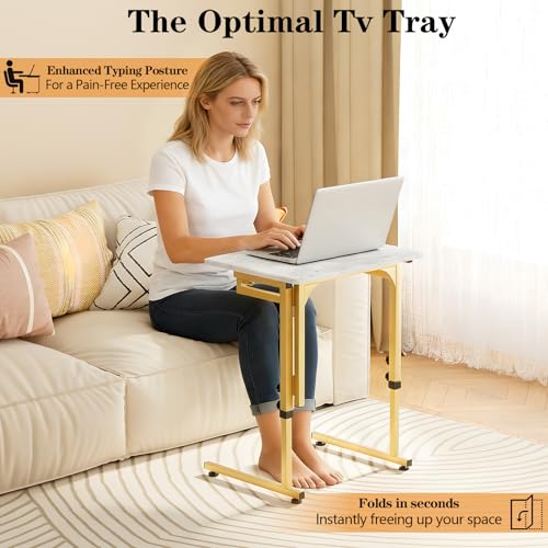 Folding C-Shaped Side Table, 6-Height Adjustable Snack & Laptop Tray