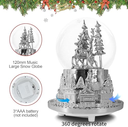 Musical LED Christmas Snow Globe with Rotating Train and White Reindeer