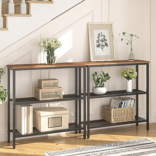3-Tier Narrow Console Table, Rustic Brown Entryway Sofa Table with Shelves
