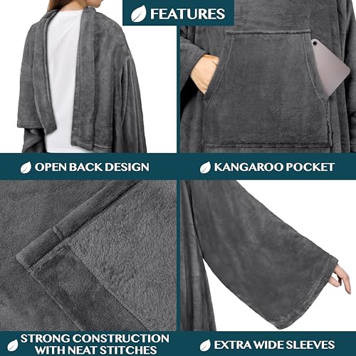 Wearable Fleece Blanket with Sleeves for Adults, Soft Warm Throw Robe