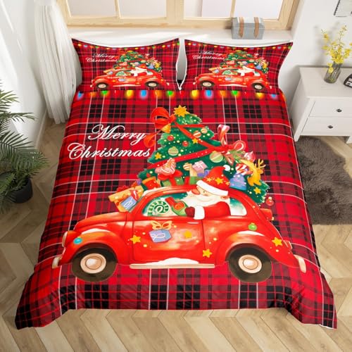 Castle Fairy Merry Christmas Twin Bedding Set with Santa Claus & Car Pattern, 68x90 Duvet Cover & Pillowcase, Red & Black Decor