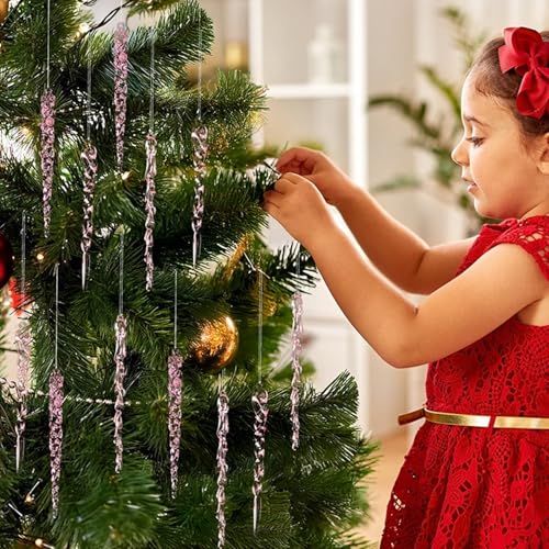 Pink Christmas Icicle Ornaments 24pcs - Shatterproof Acrylic Tree Decorations