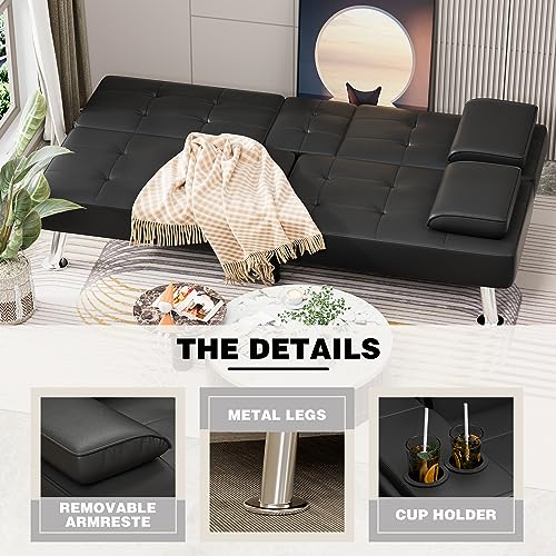 Modern Faux Leather Futon Sofa Bed with Adjustable Backrest and Cup Holders