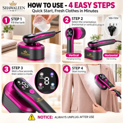 SHAWALEEN Pink Travel Clothes Steamer & Iron 2-in-1 1200W Wrinkle Remover