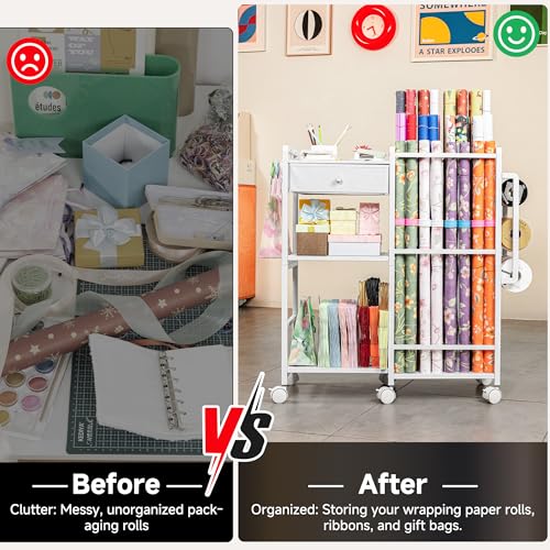 Rolling Gift Wrap Station & Wrapping Paper Storage Cart with 9 Rods