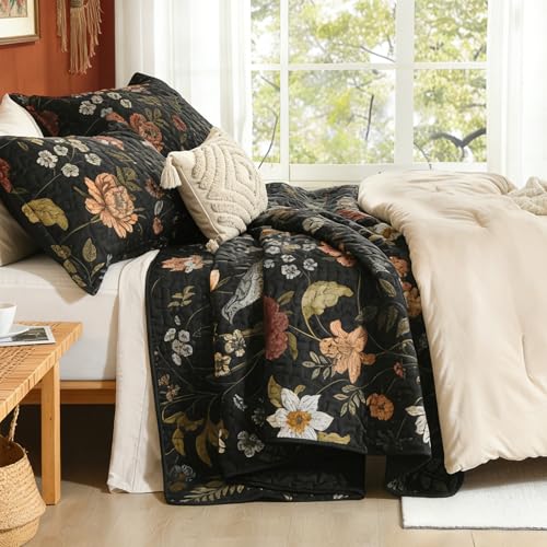Litanika Floral Black King Quilt Set - 3 Piece Botanical Bedspread Coverlet