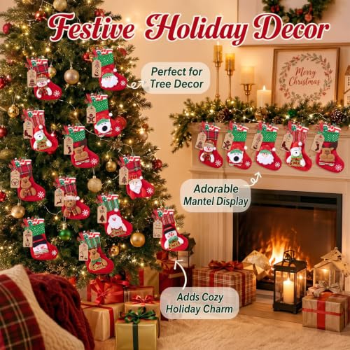 24-pack Mini White Fur Christmas Stockings with Embroidered Snowflake & Holiday Character Mix