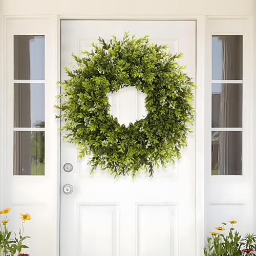 28-Inch Artificial Boxwood Wreath for Front Door, Indoor and Outdoor Decor
