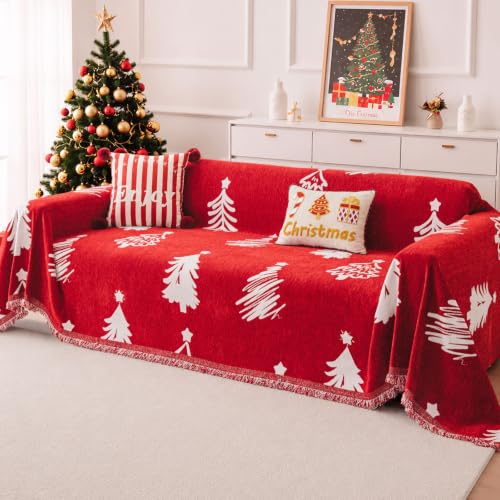 Smiry Chenille Couch Cover for 3-Cushion Sofa, Dog Hair Protection, Red Christmas Tree 88.5x118 Inch