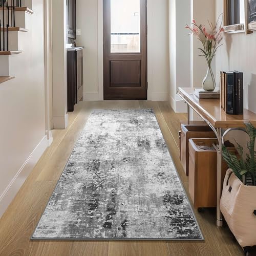 2x6 Abstract Runner Rug - Non-Slip Washable Grey Hallway Carpet