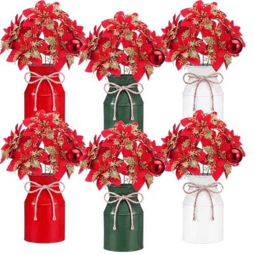 Christmas Poinsettia Centerpiece Set with Metal Jars - 6 Red & Gold Glitter Artificial Flowers for Holiday Decor