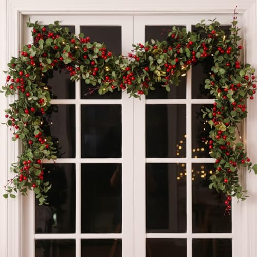 XunYee 1 Pcs 6ft Artificial Eucalyptus Garland with Red Berries – Christmas Holiday Decor (Variation: THIS listing: 1)
