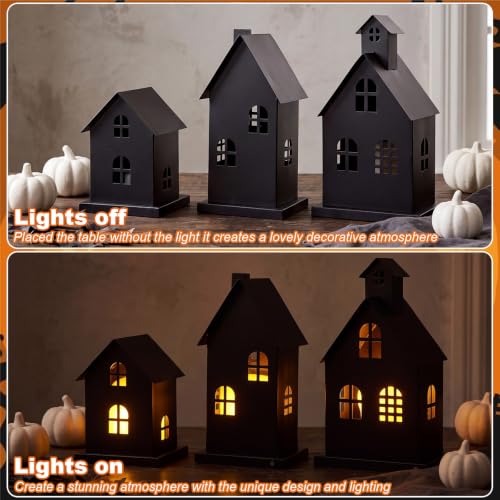 3-Piece Halloween Haunted House Village Set with LED Candles, Black Iron