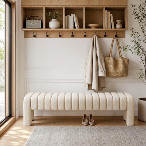 JIRAIN Beige Upholstered Bedroom Bench 63'' with Solid Wood Legs - Modern Linen Entryway & Living Room Seat