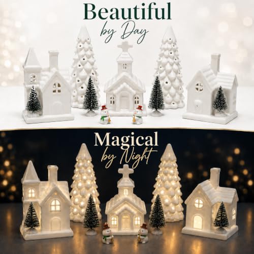 JesMolla 11-Piece White Ceramic Christmas Village Set with 6-Hour Timer, Battery-Operated Houses & Trees