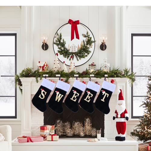 Sailup 20in Monogram Christmas Stocking N - Black Velvet with Plush Cuff, Large Letter N