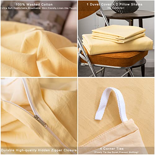 Ultra-Soft 100% Washed Cotton Duvet Cover Set - Queen, Cream Yellow