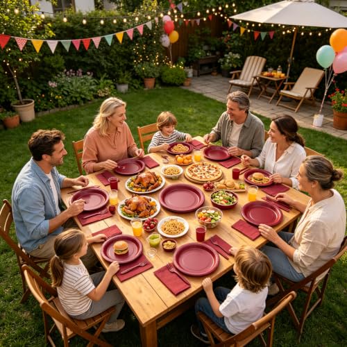 9 Inch Burgundy Paper Plates and Napkins Set for Birthday & Holiday Parties - 50 Sets, Includes Forks