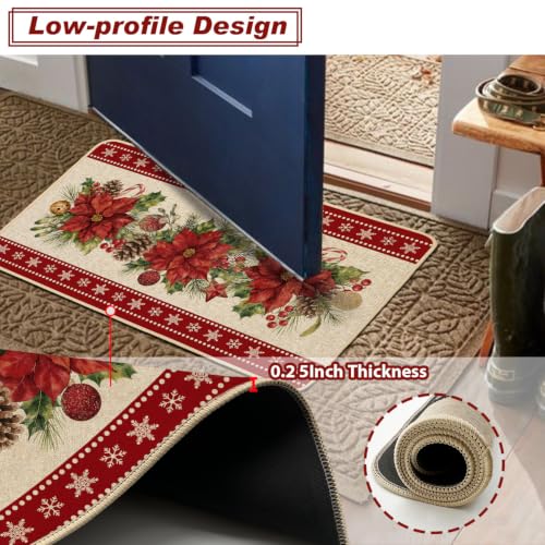 Baccessor Christmas Poinsettia Kitchen Rugs Set - Bright Holiday Decor, 17x29 & 17x47 Inches