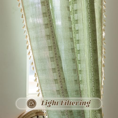 BCLBUSTE Sage Green 52x84in Boho Linen Curtain Panels (2) – Semi-Sheer Light Filtering
