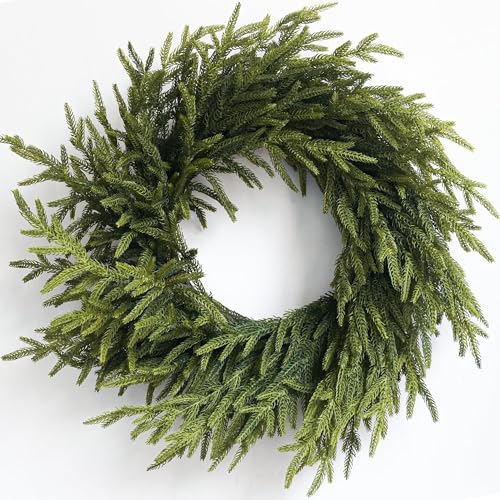 HomeKaren 24-Inch Real Touch Norfolk Pine Christmas Wreath for Front Door - Indoor & Outdoor Holiday Decor